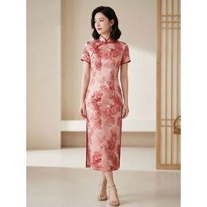 Chinese Qipao Cheongsam Pink Floral Silk Midi Dress Size 2